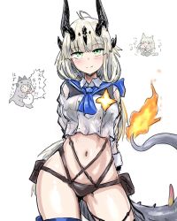  3girls animal_ears arknights bikini black_bikini blonde_hair cat_ears cat_girl dinosaur_costume dragon_girl dragon_horns dragon_tail eblana_(arknights) flame-tipped_tail geist43195783 green_eyes happy_happy_happy_cat_(meme) harmonie_(arknights) highres horns long_hair looking_at_viewer meme multiple_girls navel official_alternate_costume open_mouth reed_(arknights) reed_the_flame_shadow_(arknights) sailor_collar sailor_shirt shirt simple_background smile stomach swimsuit tail translation_request white_background white_shirt 