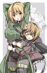  &gt;_&lt; 2girls arms_up blonde_hair blush boots brown_eyes closed_eyes duel_monster exosister_elis exosister_stella flower grey_background hair_ornament hair_tie_in_mouth highres hug hug_from_behind jewelry lily_(flower) long_hair medium_hair military_uniform mouth_hold multiple_girls necklace pantyhose raion_(inoueraion) simple_background star_(symbol) star_hair_ornament uniform yellow_eyes yu-gi-oh! yuri 