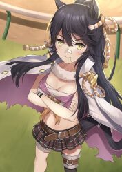  absurdres animal_ears black_hair black_skirt blush breasts chest_sarashi cleavage closed_mouth coat commentary_request cowboy_shot crop_top crossed_arms female fingerless_gloves fur_choker gloves grass hair_between_eyes high_collar highres horse_ears horse_girl long_hair long_sleeves looking_at_viewer medium_breasts midriff mouth_hold multicolored_background narita_brian_(umamusume) navel open_clothes open_coat outdoors pleated_skirt ponytail rope sarashi shimenawa shirt skirt smile solo stalk_in_mouth umamusume white_coat white_shirt yellow_eyes yuyuenimo 