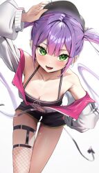  :3 :d arm_up armpits bare_shoulders baseball_cap belt black_camisole black_hat black_shorts blush breasts camisole cleavage collarbone commentary demon_girl demon_tail ear_piercing eyelashes fangs feet_out_of_frame female fishnet_thighhighs fishnets green_eyes halterneck hand_on_own_hip hat heart heart_tattoo highres hololive jacket leaning_forward leg_tattoo long_hair looking_at_viewer medium_breasts midriff_peek multicolored_hair navel off_shoulder open_clothes open_jacket open_mouth panda_0035 piercing pink_hair purple_hair short_shorts shorts simple_background single_thighhigh skindentation sleeveless smile solo standing tail tail_ornament tail_piercing tattoo teeth thigh_strap thighhighs thighs tokoyami_towa tokoyami_towa_(1st_costume) twintails two-tone_hair upper_teeth_only virtual_youtuber white_background white_belt white_jacket 