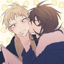  2boys atou_haruki biting black_jacket blonde_hair blue_jacket blush brown_hair brown_sweater cheek_biting commentary_request constricted_pupils fur-trimmed_jacket fur_trim hand_on_another&#039;s_chin highres inseki isoi_reiji jacket korean_commentary long_sleeves male_focus medium_hair mometsu_033 multiple_boys open_clothes open_jacket red_eyes ribbed_sweater saibou_shinkyoku short_hair sweater turtleneck turtleneck_sweater yaoi 