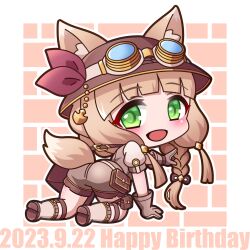  :d absurdres all_fours animal_ear_fluff ass boots braid brown_footwear brown_gloves brown_helmet brown_shirt brown_shorts brown_vest chibi commentary_request dated ears_through_headwear female from_side full_body gloves goggles goggles_on_head green_eyes happy_birthday helmet highres long_hair looking_at_viewer looking_to_the_side maho_(princess_connect!) outline outstretched_arm pointing princess_connect! puffy_short_sleeves puffy_sleeves saishosaisekojo shirt shoe_soles short_sleeves shorts smile solo tail vest white_outline 