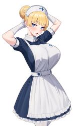  absurdres apron black_dress blonde_hair blue_eyes blush breasts dress elbow_gloves female gloves hair_bun hat highres large_breasts lina_(michihasu) long_hair looking_at_viewer michihasu nurse nurse_cap open_mouth original short_sleeves single_hair_bun solo translation_request tying_hair white_gloves 