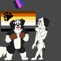  2023 anthro bear_flag beargarbage bisexual_pride_colors black_body black_ears black_eyes black_fur black_nose black_spots black_tail bluey_(series) blush border_collie brown_clothing brown_gloves brown_handwear canid canine canis clothing collie dalmatian digital_media_(artwork) domestic_dog duo frank_(bluey) front_view fur gloves grey_background half-closed_eyes hand_on_mouth handwear happy herding_dog hi_res lgbt_pride lgbt_pride_month looking_at_another love mackenzie&#039;s_dad_(bluey) male male/male mammal markings multicolored_body multicolored_fur narrowed_eyes pastoral_dog pose pride_colors sheepdog simple_background smile spots spotted_body spotted_fur standing tail teeth tongue two_tone_body two_tone_fur two_tone_tail white_body white_fur white_tail 