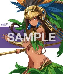  arai_nobu arm_tattoo armlet aztec belt bracelet braid breasts brown_hair civilization_(series) civilization_online commission dark-skinned_female dark_skin earrings feathers female headdress holding holding_staff holding_weapon jewelry large_breasts long_hair metal_belt metal_bikini miahuaxihuitl_(civilization_online) navel open_mouth shaded_face shoulder_tattoo skeb_commission solo staff tattoo watermark weapon 