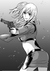  ass breasts crop_top cropped_jacket female finger_on_trigger gintama grey_background greyscale gun hair_between_eyes handgun holding holding_gun holding_weapon jacket kijima_matako leaning_forward long_sleeves medium_breasts midriff monochrome one_side_up open_clothes open_jacket revolver skirt solo standing tsurumura_ichiru twitter_username v-shaped_eyebrows weapon wide_sleeves 