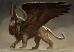  claws feathered_wings feathers hooves horn humanoid_face hybrid lamassu long_beard male mane mesopotamian_mythology solo wings yigit_koroglu 