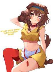  :3 alternate_costume animal_ears animal_hands bare_shoulders blush bone-shaped_pupils breasts brown_eyes brown_hair brown_tail cleavage collarbone commentary cowboy_shot cropped_shirt dog_ears dog_girl dog_tail doggy_god&#039;s_street english_text highres hololive inugami_korone invisible_chair looking_at_viewer medium_breasts navel red_thighhighs see-through see-through_headwear shirt single_thighhigh sitting skirt sleeveless sleeveless_shirt symbol-only_commentary symbol-shaped_pupils tail takumin_dx thighhighs virtual_youtuber visor_cap yellow_shirt yellow_skirt 