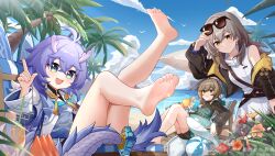  3girls absurdres bailu_(honkai:_star_rail) bare_legs barefoot beach brown_hair dragon_girl eyewear_on_head feet green_eyes highres honkai:_star_rail honkai_(series) legs long_hair multiple_girls open_mouth palm_tree purple_hair qingque_(honkai:_star_rail) sky soles stelle_(honkai:_star_rail) stelle_(world_tour_2023)_(honkai:_star_rail) toes trailblazer_(honkai:_star_rail) tree yaoli_(ysxbd) 