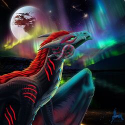  aurora_(phenomenon) bioluminescence detailed_background dragon feral ghostoflight glowing glowing_eyes green_eyes hi_res lakeside male moon mythological_creature mythological_scalie mythology reflection scalie sky solo star starry_sky zinvendein 