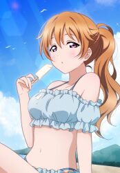  :d artist_name bikini blue_bikini blue_sky blush breasts brown_hair chestnut_mouth cloud collarbone commentary_request female food food_bite food_on_body food_on_breasts frilled_bikini frills hand_rest highres holding holding_food holding_popsicle konoe_kanata large_breasts leg_up long_hair looking_at_viewer love_live! love_live!_nijigasaki_high_school_idol_club melting midriff navel parted_lips ponytail popsicle purple_eyes shiratama_(siratama_ll) signature simple_bird sitting sky smile solo swimsuit 