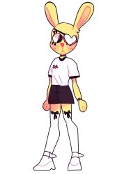  2020 animate_inanimate anthro atlas_fb_(artist) blush blush_lines bottomwear bow_ribbon clothing digital_media_(artwork) eye_patch eyewear female hi_res lagomorph legwear leporid living_plushie long_ears mammal plushie rabbit rabbit_ears seam_(sewing) shirt shorts solo stitch_(sewing) thigh_highs topwear yellow_body zoe_stitches_(sinfulwalpurrgis) 