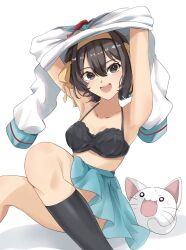  :d armpits arms_up black_bra black_socks blue_sailor_collar blue_skirt blush bra breasts brown_eyes brown_hair clothes_lift collarbone female hair_ribbon hairband kita_high_school_uniform kneehighs lifting_own_clothes long_sleeves looking_at_viewer medium_hair open_mouth red_ribbon ribbon sailor_collar sasai_tuki school_uniform serafuku shirt shirt_lift sitting skirt smile socks solo suzumiya_haruhi suzumiya_haruhi_no_yuuutsu teeth tongue underwear undressing upper_teeth_only white_shirt winter_uniform yellow_hairband yellow_ribbon 