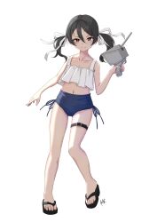  adapted_turret alternate_costume bikini black_hair blue_bikini brown_eyes female flat_chest hair_between_eyes hair_ornament hair_ribbon hairclip highres inagi_(kancolle) inagi_kai_ni_(kancolle) kantai_collection long_hair looking_at_viewer loose_hair_strand mismatched_bikini navel neve_(morris-minicooper) ribbon rigging sandals smile solo standing swimsuit thigh_strap twintails white_background white_bikini white_ribbon 