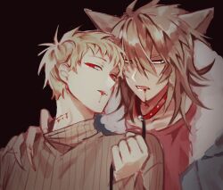  2boys animal_ears atou_haruki blonde_hair blood blood_from_mouth blood_on_neck brown_background brown_sweater collar commentary_request fingernails fur-trimmed_jacket fur_trim grey_jacket hair_between_eyes hand_on_another&#039;s_shoulder highres holding holding_leash inseki isoi_reiji jacket kemonomimi_mode korean_commentary leash long_fingernails male_focus medium_hair mometsu_033 multiple_boys open_clothes open_jacket red_collar red_eyes red_shirt ribbed_sweater saibou_shinkyoku sanpaku shirt simple_background sweater turtleneck turtleneck_sweater wolf_boy wolf_ears yaoi 