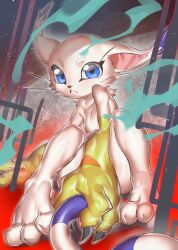  2024 ambiguous_gender anthro bandai_namco black_nose blue_eyes claws detailed_background digimon digimon_(species) fur gatomon hi_res looking_at_viewer multicolored_ears multicolored_tail skink_hisshiss solo tail tail_grab whiskers white_body white_fur 