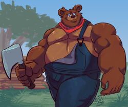  animal_humanoid anthro axe bear brown_body brown_fur clothing fur hi_res holding_object humanoid jasperthecrab kerchief little_bear log male mammal mammal_humanoid musclegut muscular neckerchief overalls red_kerchief red_neckerchief solo uncle_rusty_(little_bear) ursid_humanoid ursine walking wood 