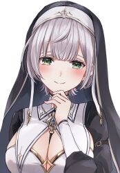  blush breasts cleavage female green_eyes highres hololive large_breasts long_sleeves looking_at_viewer nun seikosda shirogane_noel shirogane_noel_(7th_costume) short_hair simple_background smile solo upper_body virtual_youtuber white_background white_hair 