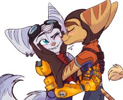  blush boop closed_eyes clothing duo ear_piercing ear_ring eyewear eyewear_on_head female fluffy fluffy_tail fur gloves goggles goggles_on_head green_eyes handwear hi_res hug kissing_cheek lombax love male male/female mammal piercing ratchet_(ratchet_and_clank) ratchet_and_clank ring_piercing rivet_(ratchet_and_clank) robotic_arm romantic romantic_ambiance romantic_couple scarf sony_corporation sony_interactive_entertainment tail text white_body white_fur wolfchalk yellow_body yellow_fur 