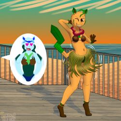  absurd_res anklet anthro beach blue_body blue_fur blue_hair brown_body brown_eyes brown_fur clothing coconut_bra cutaway dancing duo ear_piercing ear_ring eeveelution expression_cutaway female flower_garland fur generation_4_pokemon glaceon grass_skirt green_body green_fur hair heart_eyes heart_symbol hi_res hula_dancer jewelry leafeon lei lisa_devellis marissa_reinhart motion_lines navel nintendo one_eye_closed panties piercing pokemon pokemon_(species) ring_piercing scoutthecat02 sea smile sunset tail tail_motion tailwag tan_body tan_fur underwear water wink 