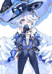  bare_shoulders blue_eyes blue_flower blue_gemstone blue_hair blue_rose blush boots cosplay detached_sleeves dress drill_hair drop-shaped_pupils female flower furina_(genshin_impact) gem genshin_impact gloves hat hat_flower highres holding holding_umbrella lace-trimmed_collar lace_trim long_hair looking_at_viewer multicolored_hair navia_(genshin_impact) navia_(genshin_impact)_(cosplay) open_mouth rose shinoo0915 ship&#039;s_wheel_ornament single_glove sitting sparkle strapless strapless_dress symbol-shaped_pupils thigh_boots twintails umbrella very_long_hair white_hair 