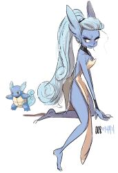  black_wristband blue_skin breasts brown_dress brown_eyes cleavage closed_mouth collarbone colored_skin dress female from_side full_body head_wings long_hair personification pokemon pokemon_(creature) ponytail reference_inset tamtamdi translated very_long_hair wartortle wings 