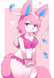  anthro anthrofied big_tail biped blue_eyes blush bow_(anatomy) bow_(feature) bracelet clothing eeveelution eyelashes female fluffy fluffy_tail frilly generation_6_pokemon gesture hair hand_heart heart_symbol hi_res jewelry lingerie markings milkychocoflan nintendo panties pink_clothing pink_hair pink_lingerie pink_markings pokemon pokemon_(species) ribbons_(anatomy) short_hair simple_background smile solo sylveon tail underwear white_body 