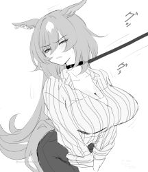  animal_ears breasts cleavage collar collared_shirt ear_ornament female hair_between_eyes highres horse_ears horse_girl horse_tail large_breasts leash long_hair long_sleeves mmm_(mmm623) multicolored_hair official_alternate_costume pants shirt simple_background sirius_symboli_(umamusume) sleeves_rolled_up solo streaked_hair striped_clothes striped_shirt tail umamusume upper_body vertical-striped_clothes vertical-striped_shirt white_background white_hair 