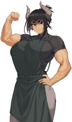  apron biceps black_apron black_eyes black_hair black_shirt breasts clenched_hand cuts dark-skinned_female dark_skin earrings female flexing grey_pants hair_between_eyes hand_on_own_hip hand_up highres horns injury jewelry large_breasts light_smile long_hair looking_at_viewer muscular muscular_female original pants parted_lips scratches shirt short_ponytail solo soolee040995 tight_clothes tight_shirt white_background 