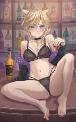  :q absurdres alcohol animal_ears arm_support bar_(place) bare_shoulders barefoot black_bra black_choker black_jacket black_nails black_panties blonde_hair blue_eyes blush borrowed_character bottle bra breasts cat_ears choker cleavage commission crop_top cup enporion feet female final_fantasy final_fantasy_xiv hair_between_eyes highres holding holding_cup indoors jacket licking_lips looking_at_viewer messy_hair midriff miqo&#039;te nail_polish navel off_shoulder original panties shelf sitting skeb_commission solo stomach toenail_polish toenails toes tongue tongue_out underwear warrior_of_light_(ff14) 