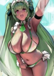  antenna_hair bare_shoulders bikini breasts cleavage detached_collar eu03 female goddess_of_victory:_nikke green_hair huge_breasts long_hair looking_at_viewer maid_headdress navel necktie open_mouth purple_eyes smile soda_(nikke) solo swimsuit thighs white_bikini 