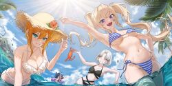  4girls absurdres ahoge aqua_eyes bikini black_bikini black_hair black_one-piece_swimsuit blonde_hair blue_bikini blue_eyes blue_sky breasts cleavage clenched_teeth cloud commentary crab drake_(nikke) english_commentary goddess_of_victory:_nikke hair_ornament hair_ribbon highres kimright0 laplace_(nikke) long_hair matis_(nikke) maxwell_(nikke) medium_breasts medium_hair multiple_girls oerba_yun_fang one-piece_swimsuit open_mouth orange_hair outdoors palm_tree red_eyes ribbon short_hair sky smile sparkle sticker sticker_on_face striped_bikini striped_clothes sunlight swim_ring swimming swimsuit syuen_(nikke) tearing_up teeth tree twintails water water_drop wet white_bikini white_hair 