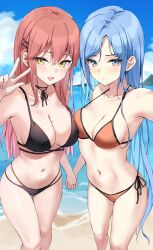  2girls bae_minah_(chaesu) bare_shoulders beach bikini black_bikini blue_eyes blue_hair blush breasts cleavage collarbone highres holding_hands kaetzchen large_breasts liliya_(kaetzchen) long_hair looking_at_viewer medium_breasts multiple_girls navel open_mouth orange_bikini original pink_hair shore smile swimsuit thighs yellow_eyes 