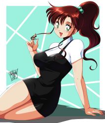  absurdres bishoujo_senshi_sailor_moon black_dress blush breasts brown_hair commentary danmakuman dress earrings english_commentary green_eyes hair_ornament highres huge_breasts jewelry kino_makoto large_breasts long_hair ponytail shirt skirt white_shirt 