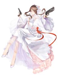  absurdres black_tea_(food_fantasy) breasts brown_hair cleavage dress female flower food_fantasy full_body gun hair_flower hair_ornament handgun high_heels highres holding holding_gun holding_weapon jewelry long_hair official_alternate_costume official_art red_eyes solo third-party_source tiara weapon wedding_dress white_flower white_footwear 