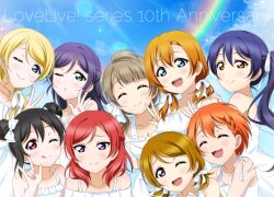  6+girls :3 :d ;) ;d ;o ;q ^_^ anniversary aqua_eyes ayase_eli black_hair blonde_hair blue_eyes blue_hair blue_sky blunt_bangs braid breasts brown_eyes brown_hair cleavage closed_eyes closed_mouth cloud collarbone commentary cowlick double_bun dress everyone hair_between_eyes hair_bun hair_ribbon half_up_braid half_updo hashtag-only_commentary highres hoshizora_rin koizumi_hanayo kosaka_honoka long_hair love_live! love_live!_school_idol_project low_ponytail low_twintails medium_breasts medium_hair minami_kotori multiple_girls nishikino_maki off-shoulder_dress off_shoulder one_eye_closed open_mouth orange_hair purple_eyes purple_hair rainbow red_eyes red_hair ribbon shiratama_(siratama_ll) short_hair short_twintails side_braid side_ponytail sidelocks sky sleeveless sleeveless_dress smile sonoda_umi sparkle split_mouth swept_bangs tojo_nozomi tongue tongue_out twintails white_dress white_ribbon yazawa_nico 