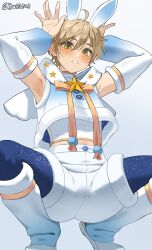  1boy ahoge armpits arms_up artist_name blue_background blue_footwear blush boots commentary detached_sleeves ensemble_stars! g1_(jjw00123) gradient_background gradient_footwear highres long_sleeves looking_at_viewer male_focus mashiro_tomoya midriff_peek paid_reward_available parted_lips rabbit_pose shirt short_hair shorts sleeveless sleeveless_shirt solo squatting twitter_username white_background white_footwear white_shirt white_shorts white_sleeves yellow_eyes 