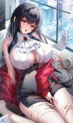  absurdres accident alvitr_(azur_lane) alvitr_(muspel&#039;s_torrid_secrets)_(azur_lane) ascot azur_lane bare_shoulders black_hair black_skirt breasts cityscape commentary_request female gem heart heart-shaped_pupils highres indoors jacket large_breasts long_hair looking_at_viewer off_shoulder official_alternate_costume open_clothes open_jacket paper red_eyes red_gemstone red_jacket see-through shirt skirt solo spill symbol-shaped_pupils tansuan_(ensj3875) tongue tongue_out very_long_hair white_ascot white_shirt 