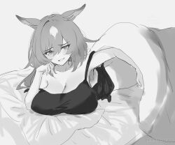  alternate_costume animal_ears armpits bed bed_invitation black_tank_top breasts cleavage collarbone commentary_request ear_ornament female hair_between_eyes highres horse_ears horse_girl large_breasts long_hair looking_at_viewer lying mmm_(mmm623) multicolored_hair on_bed on_stomach pillow simple_background sirius_symboli_(umamusume) smile solo strap_slip streaked_hair tank_top umamusume very_long_hair white_background white_hair 