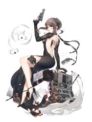  backless_dress backless_outfit black_dress black_footwear black_nails black_tea_(food_fantasy) breasts briefcase brown_hair burnt_clothes closed_mouth dress female food_fantasy full_body glass gun handgun high_heels highres holding holding_gun holding_umbrella holding_weapon holster knife long_hair looking_back nail_polish official_alternate_costume official_art red_eyes revolver solo thigh_holster third-party_source transparent_background umbrella unworn_eyewear weapon 