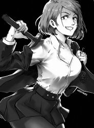  artist_name black_background breasts claw_hammer facial_mark female grin hammer high_collar holding holding_nail jacket jujutsu_kaisen kugisaki_nobara large_breasts long_sleeves looking_at_viewer miss_faves nail pantyhose partially_colored school_uniform shirt short_hair simple_background skirt smile straw_doll swept_bangs undercut upper_body 