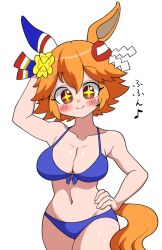  +_+ alternate_costume bikini blush breasts cleavage closed_mouth collarbone hair_between_eyes hair_ornament highres horse_girl looking_at_viewer matikanefukukitaru_(umamusume) medium_breasts navel orange_eyes orange_hair simple_background smile sodeshita_marshmallow swimsuit umamusume white_background 