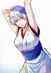  arm_behind_head armpits arms_up breasts female genderswap_(mtf) gintama grey_background grey_hair hair_between_eyes japanese_clothes kimono looking_at_viewer medium_breasts obi parted_lips red_eyes ribbon_trim rule_63 sakata_gintoki sash sleeveless sleeveless_kimono solo tsurumura_ichiru twitter_username white_kimono 