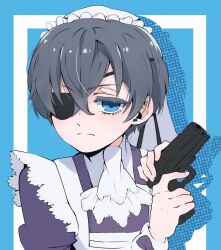  1boy apron ascot blue_background blue_dress blue_hair border charcomcgee ciel_phantomhive closed_mouth colored_eyelashes crossdressing dress earrings english_commentary expressionless eyepatch frilled_hat frills gun handgun hat highres holding holding_gun holding_weapon jewelry jitome kuroshitsuji looking_at_viewer maid maid_apron male_focus short_hair solo weapon white_apron white_ascot white_border white_hat 