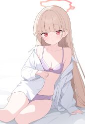  absurdres bed_sheet blonde_hair blue_archive blush bra breasts female halo highres jyt long_hair long_sleeves looking_at_viewer nodoka_(blue_archive) open_clothes open_mouth open_shirt panties purple_bra purple_panties red_eyes red_halo shirt simple_background sitting small_breasts solo underwear white_background white_shirt yokozuwari 