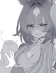  1other animal_ears breasts cleavage ear_ornament female greyscale hair_between_eyes hand_on_another&#039;s_thigh highres horse_ears horse_girl jewelry large_breasts long_hair looking_at_viewer mmm_(mmm623) monochrome necklace official_alternate_costume pov shirt simple_background sirius_symboli_(umamusume) smile solo_focus striped_clothes striped_shirt translation_request umamusume vertical-striped_clothes vertical-striped_shirt white_background 