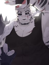  1boy animal_ears arknights arm_up armpits bara black_tank_top covered_abs facial_hair furry furry_male furry_with_furry goatee highres holding_hands interlocked_fingers kabedon_on_viewer large_pectorals light_smile male_focus mountain_(arknights) muscular muscular_male pectoral_cleavage pectorals pm_(pmaker_owo) pov pov_hands scar scar_across_eye short_hair sidepec smile solo_focus tank_top thick_eyebrows tiger_boy tiger_ears upper_body white_hair yaoi 