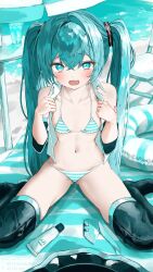  aqua_eyes aqua_hair aqua_necktie bare_shoulders bikini bikini_under_clothes black_thighhighs blush breasts female hair_ornament hatsune_miku highres innertube long_hair looking_at_viewer navel necktie number_tattoo open_clothes open_mouth open_shirt shirubaa sitting small_breasts solo striped_bikini striped_clothes swim_ring swimsuit tattoo thighhighs twintails vocaloid wariza 