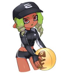  baseball_cap black_hat black_shorts brown_eyes commentary_request dark-skinned_female dark_skin dolphin_shorts drill_hair female golden_egg_(splatoon) hat ikki_(gsl_9708) korean_commentary long_hair midriff octoling octoling_girl octoling_player_character oerba_yun_fang open_mouth shorts simple_background solo splatoon_(series) splatoon_3 standing tentacle_hair twin_drills white_background 