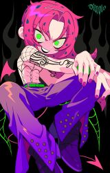  1boy abs absurdres arm_tattoo belt black_background blush c73an character_name demon_tail demon_wings diavolo evil_grin evil_smile eyelashes fishnet_top fishnets green_belt green_eyes grin hands_on_own_knee highres jojo_no_kimyou_na_bouken looking_at_viewer navel pants pink_hair pink_nails purple_pants sitting smile solo tail tattoo vento_aureo wings 